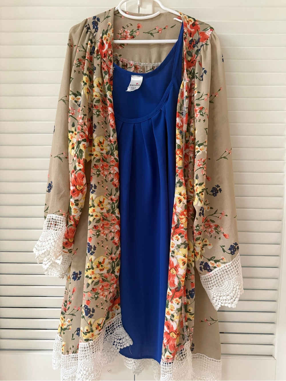 Floral Crochet Trim Kimono with Royal Blue Tank